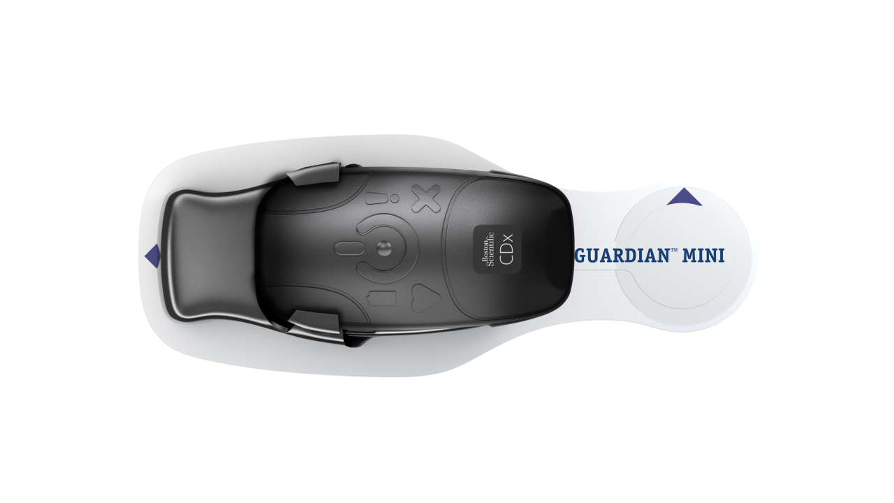 BodyGuardian monitor with long-lasting acrylic adhesive .